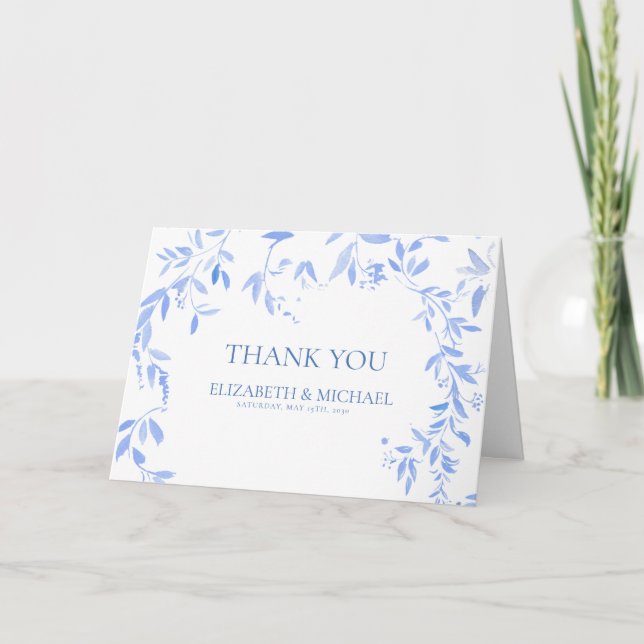 French Blue Floral Botanical Wedding Thank You Card (Front)