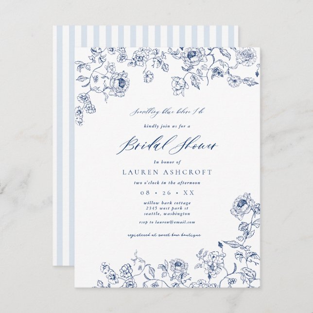 French Blue Floral Bridal Shower Party invitation (Front/Back)