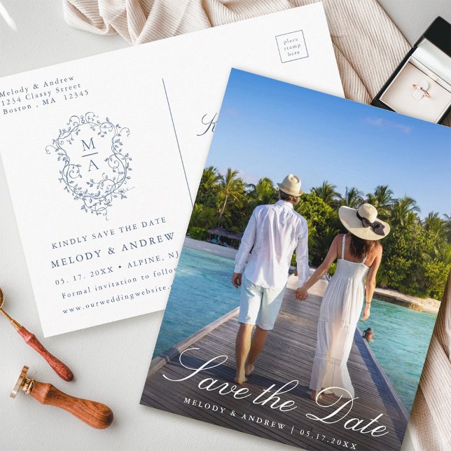 French Blue Floral Crest Photo Save the Date Postcard (Front & Back)