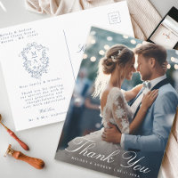 French Blue Floral Crest Wedding Photo Thank You