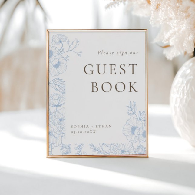 French Blue Floral Line Art Guest Book Poster (Creator Uploaded)