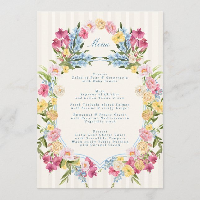 French Blue Floral Monogram Spring Wedding Menu (Front)
