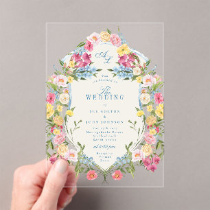 French Blue Floral Monogram Vintage Crest Wedding Acrylic Invitations