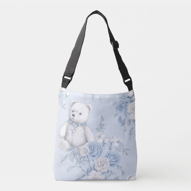 French blue floral ornament and bear crossbody bag (Front)