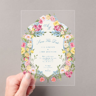 French Blue Floral Vintage Crest Save The date Acrylic Invitations