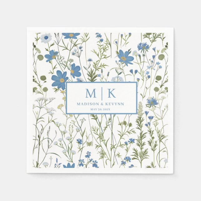 French Blue FloraL wedding cocktail Napkins (Front)