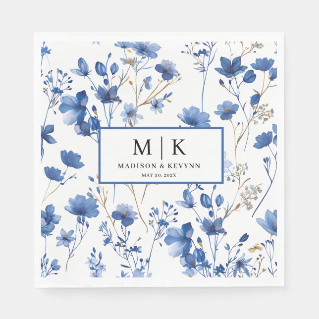 French Blue FloraL wedding cocktail Napkins (Front)
