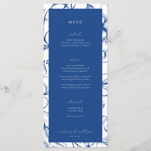 French Blue Floral Wedding Menu and Thank You (Front)