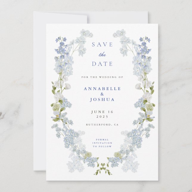 French Blue Florals Wedding Save the Date (Front)