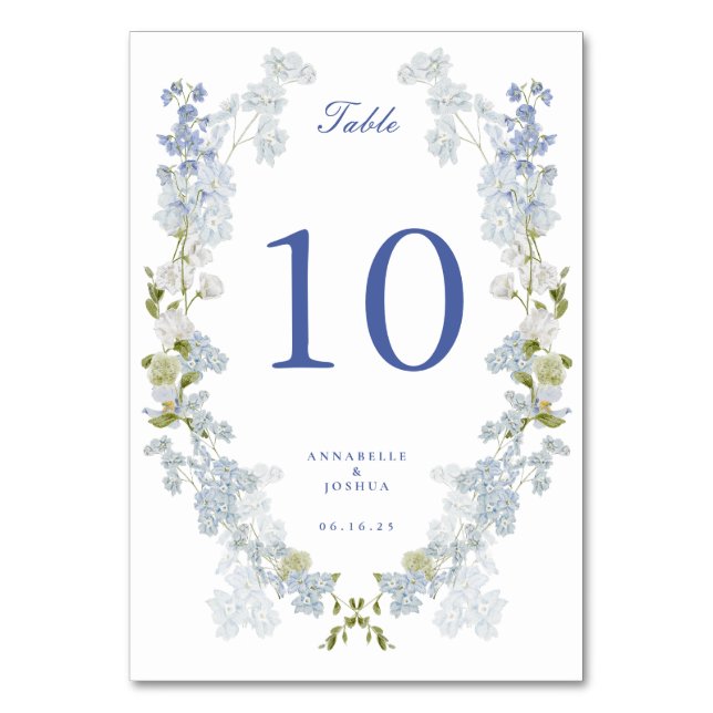 French Blue Florals Wedding Table Number (Front)
