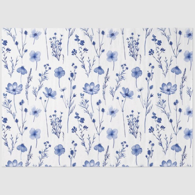 French Blue Garden Wildflowers Pattern Tissue Paper (Front)