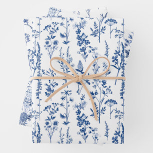 French Blue Garden Wildflowers Pattern Wrapping Paper Sheet