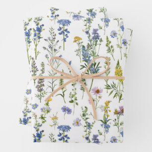 French Blue Garden Wildflowers Pattern Wrapping Paper Sheet