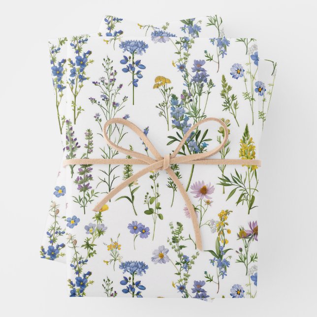 French Blue Garden Wildflowers Pattern Wrapping Paper Sheet (In situ)