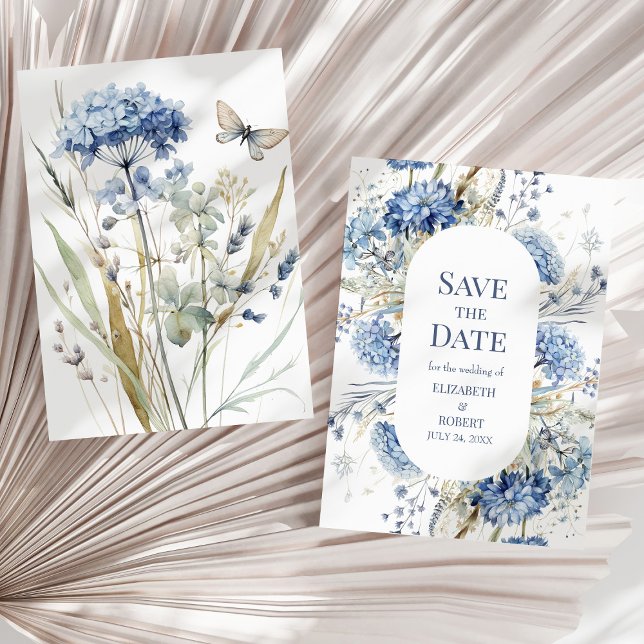 French Blue Garden Wildflowers Save The Dates Invitation (French Blue Garden Wildflowers Save The Dates Invitation on a neutral sunny dry palm leaf.)