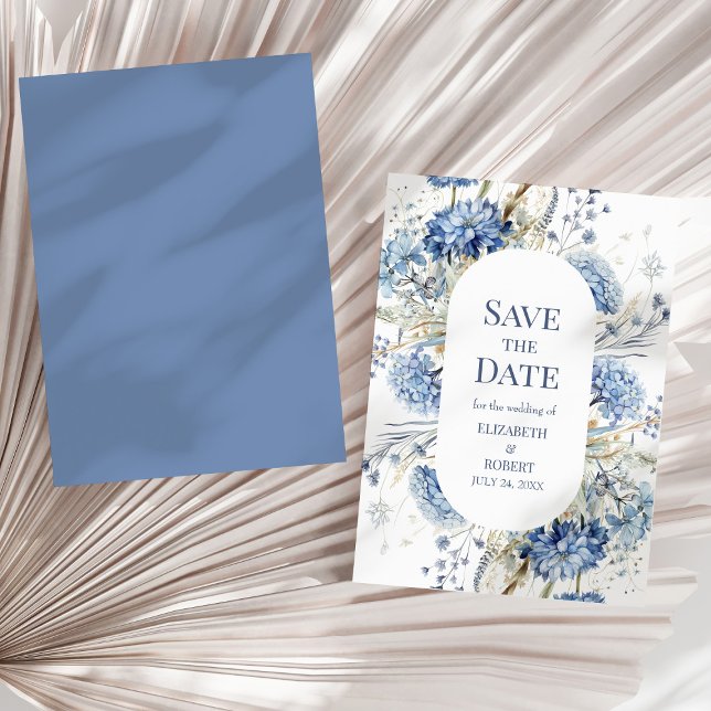 French Blue Garden Wildflowers Save The Dates Invitation (French Blue Garden Wildflowers Save The Dates Invitation on a sunny dry palm leaf.)