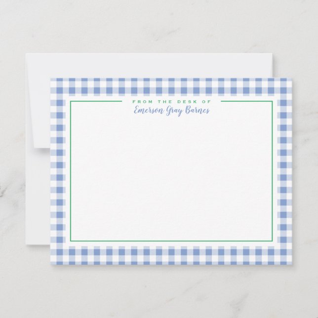 French Blue Green Accent Gingham Desk Stationery Thank You Card (Front)
