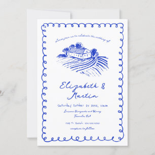 French Blue Hand Drawn Funky Vineyard Wedding Invitation