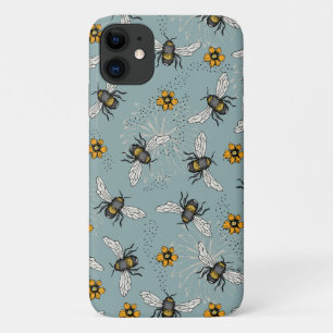 French Blue Honeybee and Flowers Pattern iPhone 11 Case