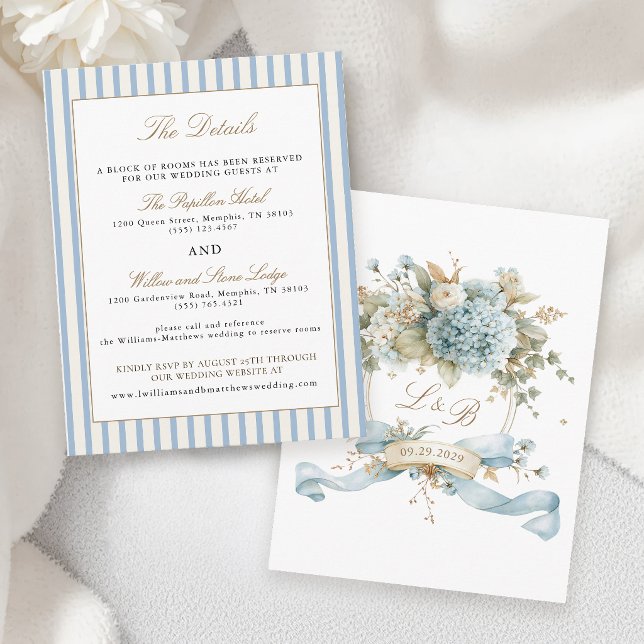 French Blue Hydrangea Monogram Crest Details Enclosure Card (Creator Uploaded)