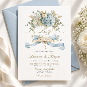 French Blue Hydrangea Watercolor Crest Wedding Invitation