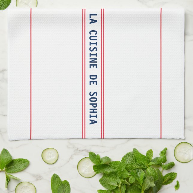 French Blue La Cuisine Name & Red Striped Tea Towel (Folded)