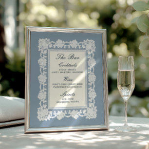 French Blue Lace Frame Wedding Bar Menu Poster