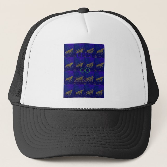 French Blue "Let's Go Zebra" Abstract Print Trucker Hat (Front)
