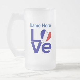 French Blue LOVE Heart Flag Personalised Frosted Glass Beer Mug