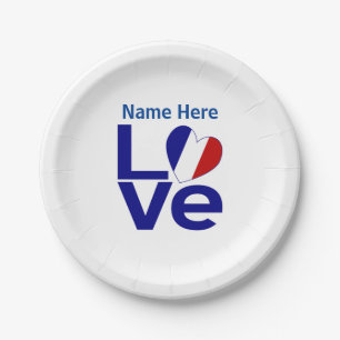 French Blue LOVE Heart Flag Personalised Party Paper Plate
