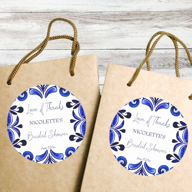 French Blue Mediterranean tile bridal shower favou Classic Round Sticker (French Blue Mediterranean tile bridal shower thank you favor Stickers Mexican Spanish folk art)
