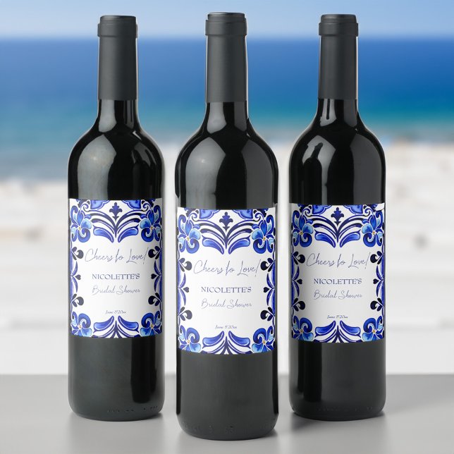 French Blue Mediterranean tile cheers to love Wine Label (French Blue Mediterranean tile ornaments cheers to love bridal shower personalized Wine Labels)
