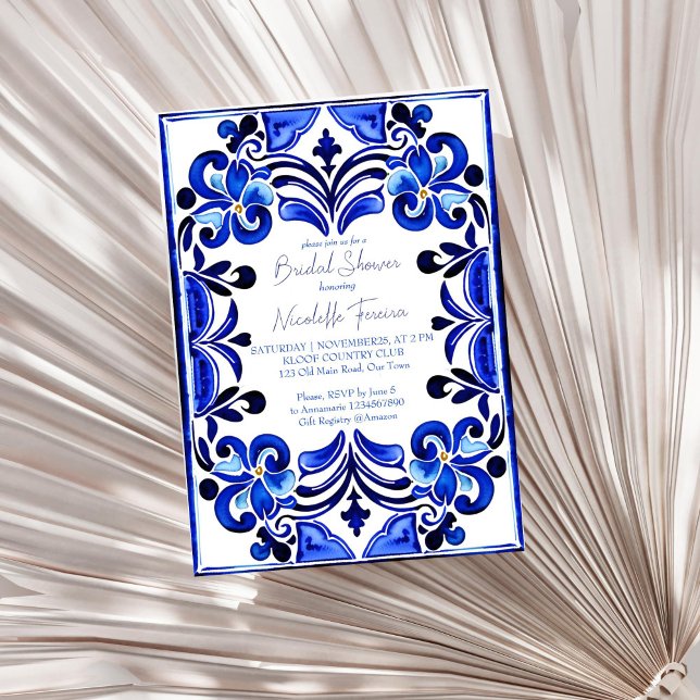 French Blue Mediterranean tiles bridal shower Invitation (French Blue Mediterranean tiles bridal shower Invitation template digital download white blue themed)