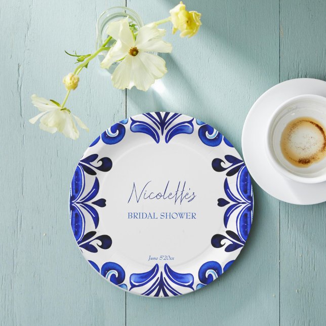 French Blue Mediterranean tiles bridal shower Paper Plate (French Blue Mediterranean folk ornaments tiles Mexican Spanish bridal shower printed Paper Plates)