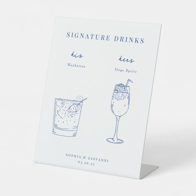 French Blue Minimalist Wedding Signature Drinks Pedestal Sign (Front)