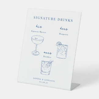 French Blue Minimalist Wedding Signature Drinks Pedestal Sign