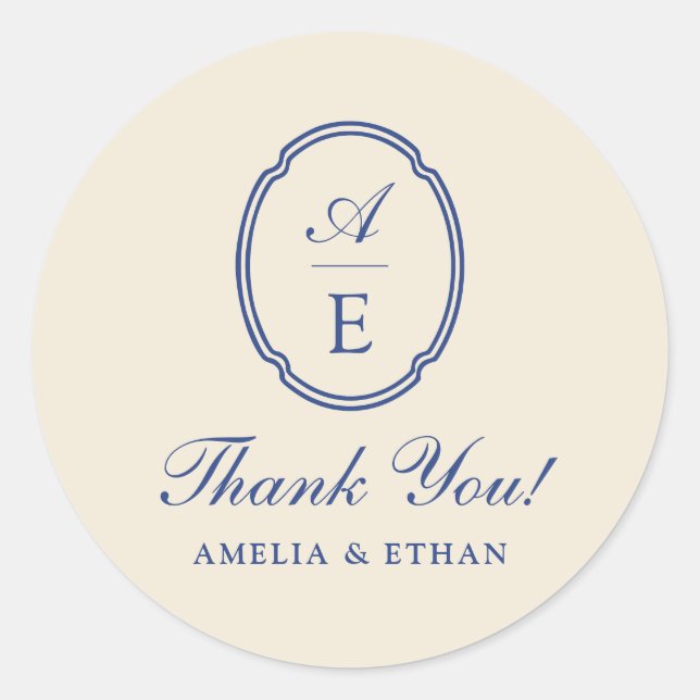 French Blue Monogram Classic Round Sticker (Front)