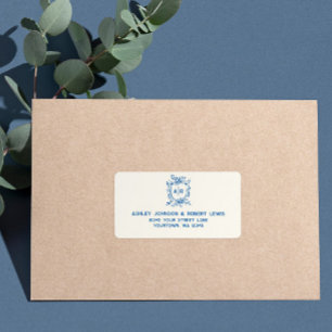 French Blue Monogram Crest Wedding RSVP Address Label