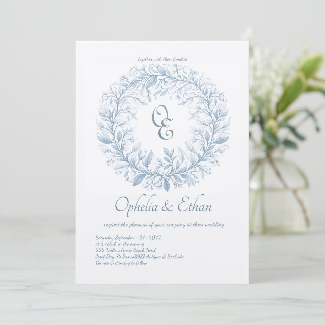 French Blue Monogram Victorian crest wedding Invitation (Standing Front)