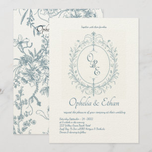 French Blue Monogram Victorian crest wedding Invitation