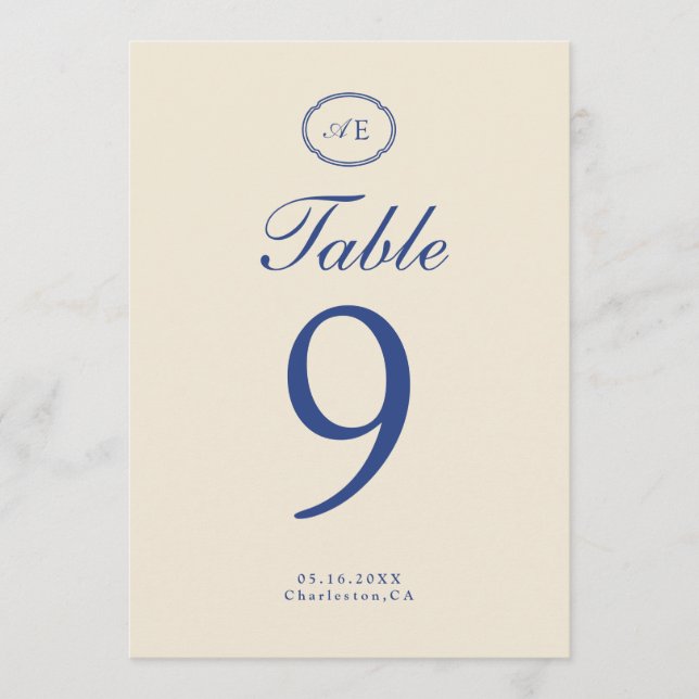 French Blue Monogram Wedding Table Number (Front)