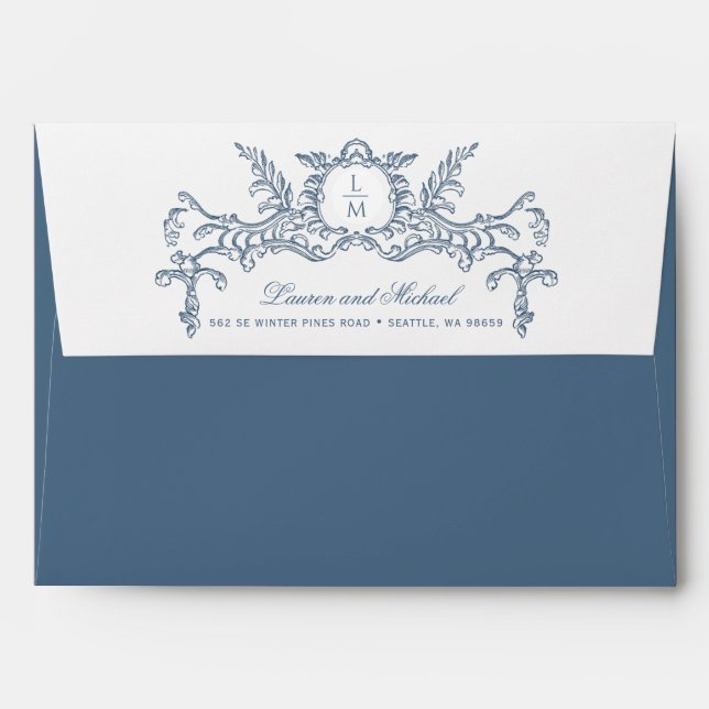French Blue Ornate Baroque Monogram Envelope (Back (Top Flap))