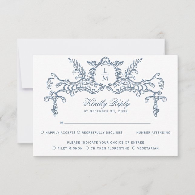 French Blue Ornate Baroque Monogram RSVP Card (Front)