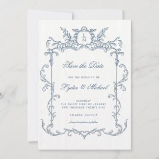 French Blue Ornate Baroque Monogram Save The Date