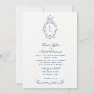 French Blue Ornate Baroque Monogram Wedding Invitation