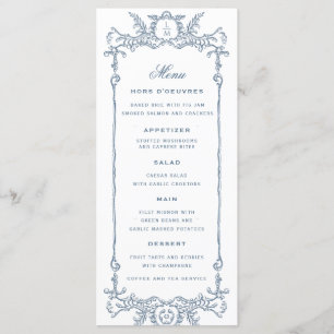 French Blue Ornate Baroque   Monogram Wedding  Menu