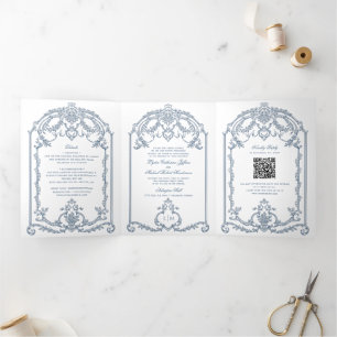 French Blue Ornate Baroque Tri-Fold Wedding  Invitation