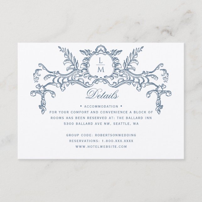 French Blue Ornate Baroque Wedding Details Enclosure Card (Front)