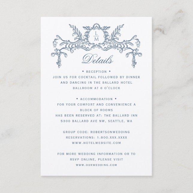 French Blue Ornate Baroque Wedding Details Enclosure Card (Front)
