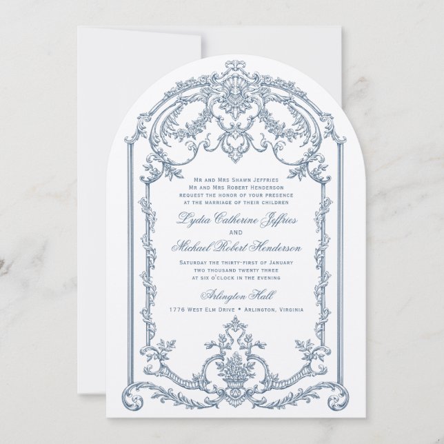 French Blue Ornate Baroque Wedding Invitation (Front)